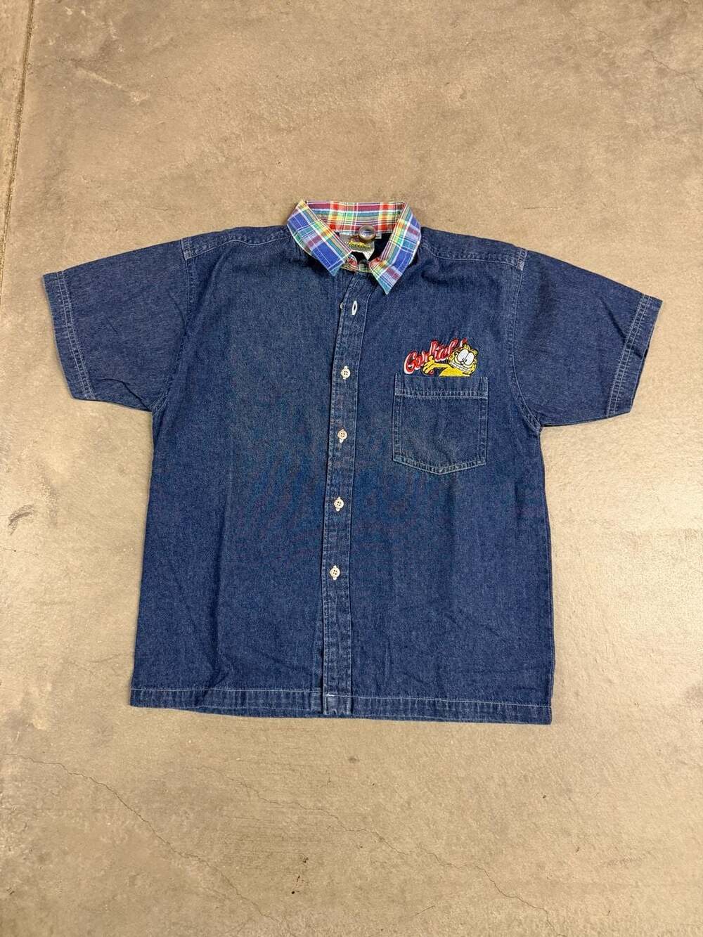 Vintage Garfield Denim Shirt Size 10 Blue Button Up Embroidered
